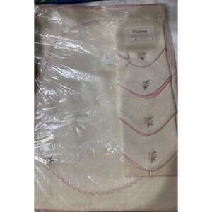 Victory Vintage Linen Place Mat & Napkin Set With Pink Embroidered Floral Design